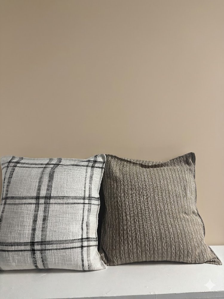 Grey plaid cushion pair
