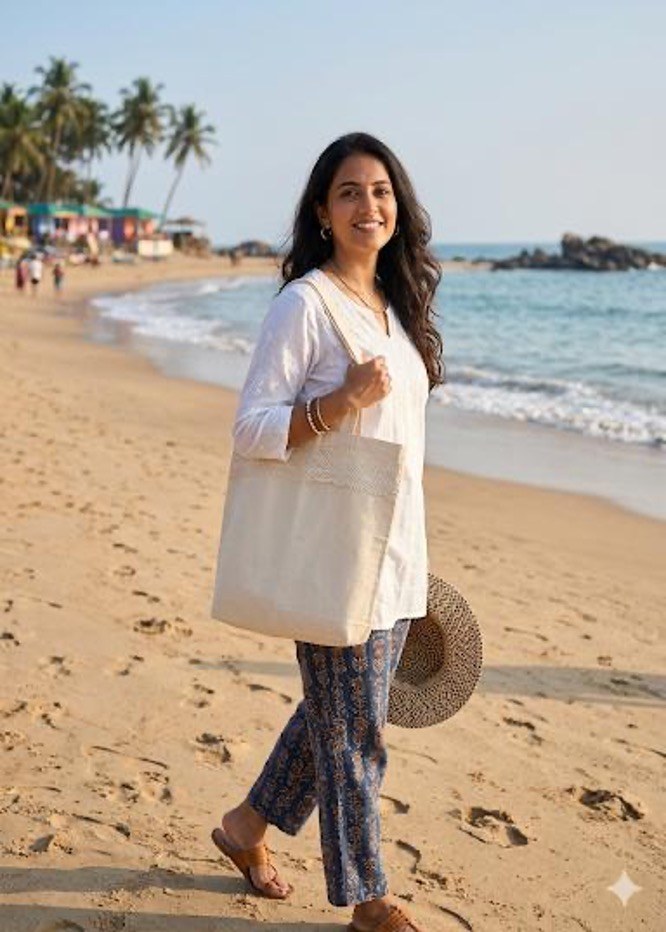 Woman on beach with Indo Hands tote