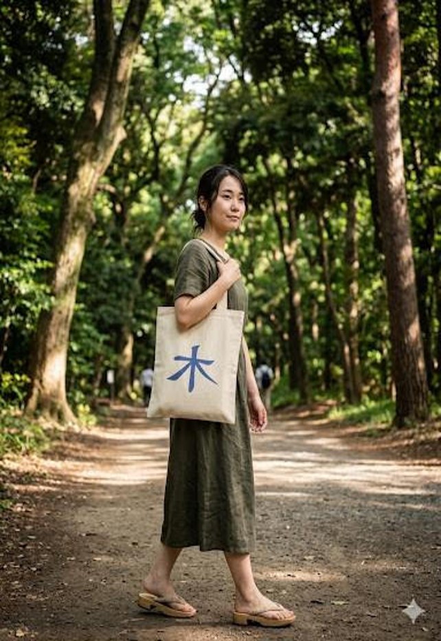 Woman in forest with 木 tote