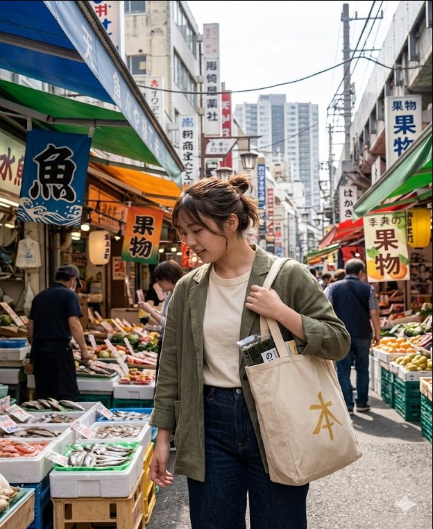 Woman in Tokyo market with 本 tote
