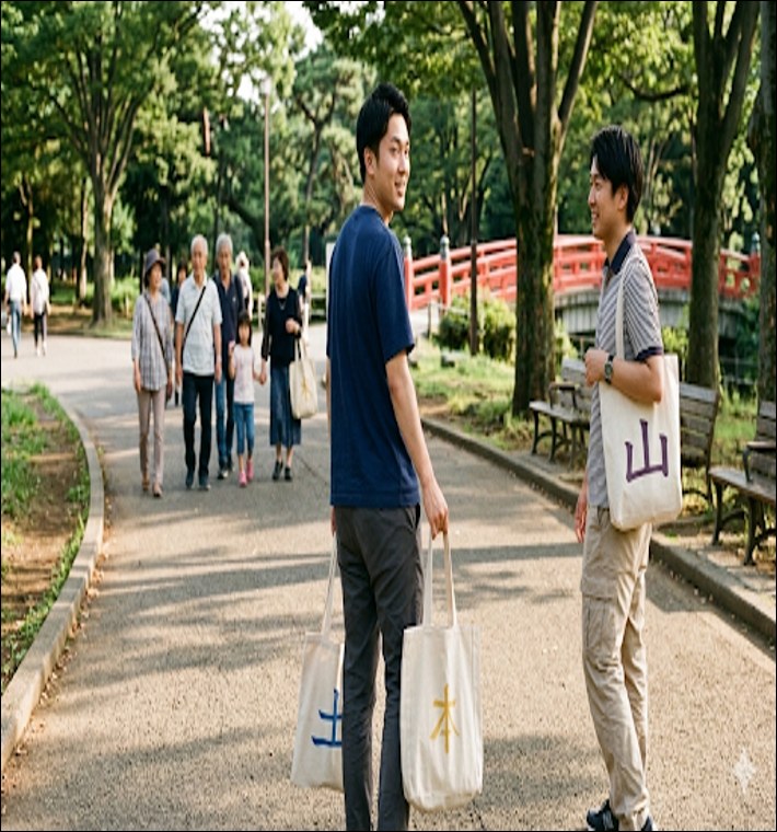 Men in Japanese park with bags
